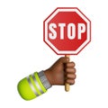 3d render, cartoon african human hand with dark skin holds red stop sign. Construction worker. Warning icon. Safety service clip