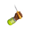 3d render, cartoon african human hand with dark skin holds screwdriver. Professional builder with building tool. Construction icon