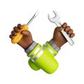 3d render, cartoon african human hands hold screwdriver and spanner wrench. Professional builder or constructor with building tool