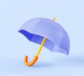 3d render cartoon blue umbrella icon. Isolated mockup of open parasol with wooden handle, accessory for rain or sun