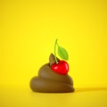 3d render, cartoon brown poop decorated with delicious cherry. Funny clip art on yellow background. Epic fail icon.