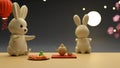 3D Render Of Cartoon Bunnies With Plate Of Mooncakes, Tea Kettle, Cups, Chinese Lantern, Full Moon On Black And Brown