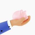 3d render Cartoon businessman character hand holds piggy banks. 3d illustration. The concept of saving money 3d