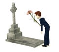 Cartoon businessman with grave and flower