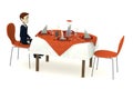 Cartoon businessman sits on restaurant alone