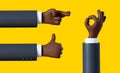 3d render, cartoon character african businessman hands assorted gestures: crossed fingers, thumb up, like, okay. Business clip art