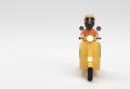 3D Render Cartoon Character Bald Man Riding Motor Scooter Side View on a White Background