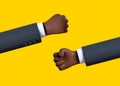 3d render, cartoon character businessman hand, african man palm is clenched into a fist, clip art isolated on yellow background.
