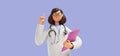 3d render. Cartoon character caucasian woman doctor holds clipboard, wears glasses and uniform. Index finger shows up. Medical