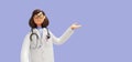 3d render. Cartoon character caucasian woman doctor wears glasses and uniform. Medical clip art isolated on blue violet background