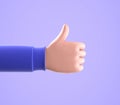 3d render, cartoon character customer hand thumb up, like gesture isolated on blue background Royalty Free Stock Photo