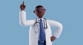 3d render, cartoon character doctor with dark skin, wears glasses, shows index finger up. Medical health care clip art isolated on