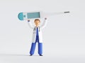 3d render, cartoon character doctor wearing uniform and stethoscope holding big thermometer above, medical clip art Royalty Free Stock Photo