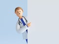 3d render, cartoon character doctor wearing uniform and stethoscope, pointing finger, medical background, blank banner