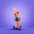 3d render, cartoon character hand, finger points up, blank poster mockup. Rock concert clip art isolated on violet background.