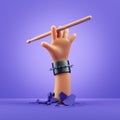 3d render, cartoon character hand holds drummer stick. Rock concert clip art isolated on violet background.