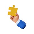 3d render, cartoon character hand holds one puzzle piece, icon isolated on white background Royalty Free Stock Photo