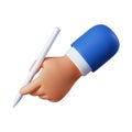 3d render. Cartoon character hand holds pencil or digital pen. Writing or drawing icon. Business clip art isolated on white.