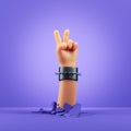 3d render, cartoon character hand, victory gesture, blank poster mockup. Rock concert clip art isolated on violet background.