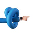 3d render, cartoon character knotted hand in blue sleeve shows direction, points right. Assistance concept. Business clip art