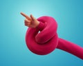 3d render, cartoon character knotted hand in red sweater points forward, pointing finger, shows direction. Funny clip art isolated