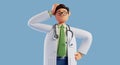 3d render, cartoon character male doctor confused. Thinking man touches head and looks at camera. Medical clip art isolated on