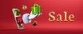 3d render. Cartoon character Santa Claus hand holds green gift box, sticking out the mobile phone screen. Christmas sale banner Royalty Free Stock Photo