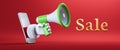 3d render. Cartoon character Santa Claus hand holds megaphone loud speaker, sticking out the mobile phone screen. Christmas sale Royalty Free Stock Photo