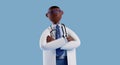 3d render, cartoon character smart confident trustworthy african doctor wears glasses and looks at camera. Proud professional male