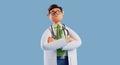 3d render, cartoon character smart confident trustworthy doctor wears glasses and looks at camera. Proud professional caucasian Royalty Free Stock Photo