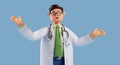 3d render, cartoon character smart trustworthy doctor wears glasses with arms open wide. Happy professional caucasian male Royalty Free Stock Photo