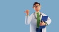3d render, cartoon character smart trustworthy doctor wears glasses and holds blue clipboard. Professional caucasian male