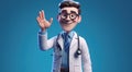 3d render, cartoon character smart trustworthy doctor wears glasses and shows inviting gesture. Royalty Free Stock Photo