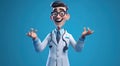 3d render, cartoon character smart trustworthy doctor wears glasses and shows inviting gesture. Royalty Free Stock Photo