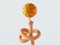 3d render, cartoon character tangled hand spins ball on a finger, isolated on white background. Basketball player amazing skill.