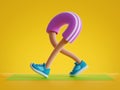 3d render cartoon character walking legs, training routine on green mat, physical activity at home, flexible body parts isolated