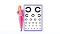 3d render, cartoon character woman doctor wears pink uniform and glasses. Eye test, vision check up. Medical clip art isolated Royalty Free Stock Photo