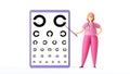 3d render, cartoon character woman doctor wears pink uniform and glasses. Eye test, vision check up. Medical clip art isolated Royalty Free Stock Photo