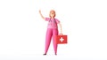 3d render, cartoon character woman doctor wears pink uniform, holds red case first aid kit. Medical clip art isolated