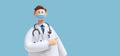 3d render. Cartoon character young caucasian man doctor, wears face mask and uniform, shows direction with finger. Medical clip