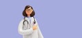 3d render. Cartoon character young caucasian woman doctor, wears glasses and uniform, shows direction with finger. Medical clip