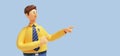 3d render. Cartoon character young man isolated on blue background. Funny guy wears yellow shirt and blue tie. Caucasian male Royalty Free Stock Photo
