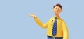 3d render. Cartoon character young man isolated on blue background. Sales manager wears yellow shirt, blue tie, looks at camera,