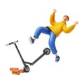 3d render, cartoon character young man wears yellow hoodie and blue trousers, falls from electric kick scooter. Modern urban.