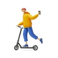 3d render, cartoon character young man wears yellow hoodie and blue trousers, rides electric kick scooter, holds take away coffee.