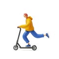 3d render, cartoon character young man wears yellow hoodie and blue trousers, rides electric kick scooter. Urban transportation.