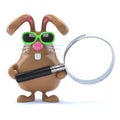 3d Funny cartoon chocolate Easter bunny rabbit holding a magnifying glass