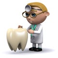 3d Cartoon Dentist character looking at a tooth