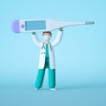 3d render. Cartoon doctor character holding big blank thermometer mockup above the head. Clip art isolated on light blue Royalty Free Stock Photo