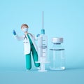 3d render. Cartoon doctor character holding big syringe, standing near glass bottle with clear liquid.